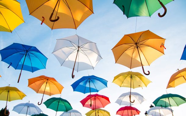 Assorted-color Straight Umbrella Hanging on Black Wire